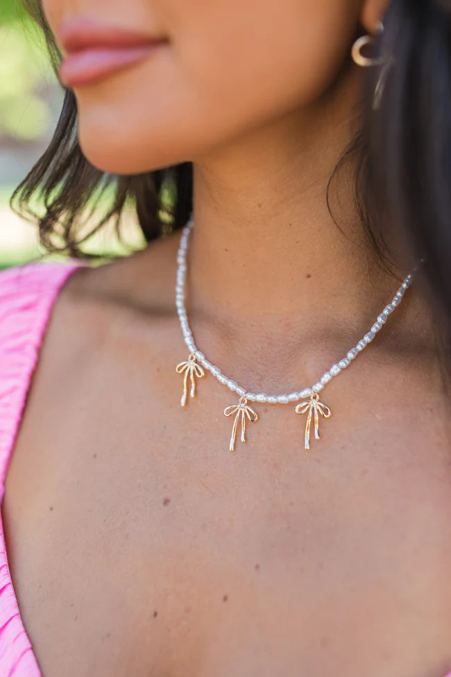 Pearl And Bow Charm Necklace | Pink Lily
