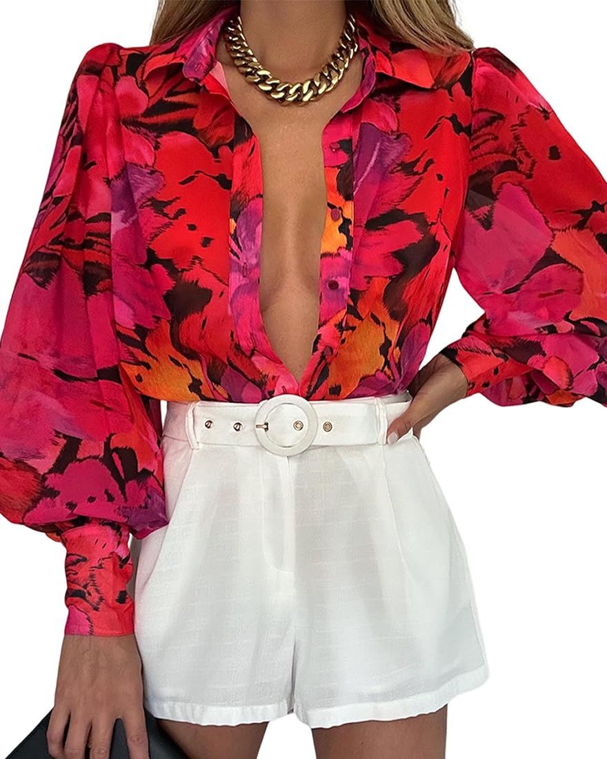 BTFBM Women Fashion Button Down Shirts Lapel V Neck Printed Casual Long Sleeve Blouse Boho Dressy... | Amazon (US)