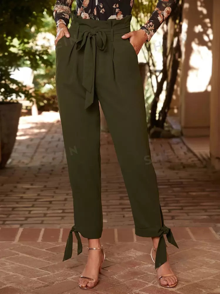 SHEIN Clasi Paperbag Waist Knot Hem Belted Pants | SHEIN