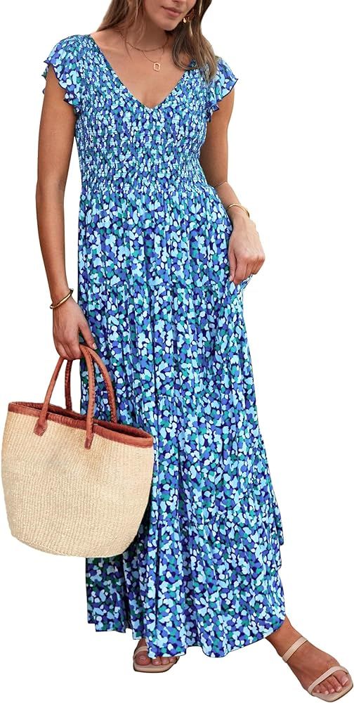 PRETTYGARDEN Women's Summer Flowy Maxi Dress Casual Cap Sleeve V Neck Smocked Beach Sundress (Pri... | Amazon (US)