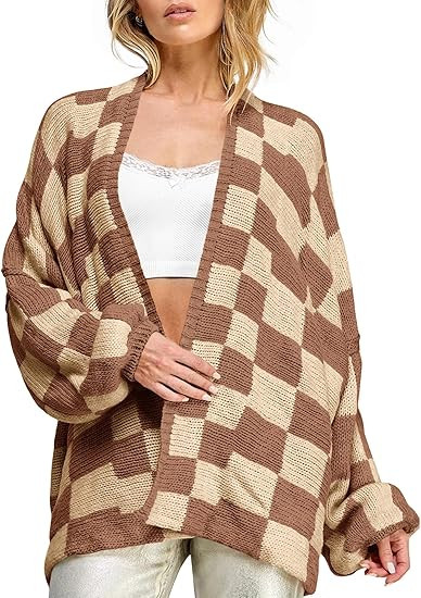 Saodimallsu Womens Checkered Oversized Cardigan Sweaters Color Block Chunky Open Front Lantern Sl... | Amazon (US)