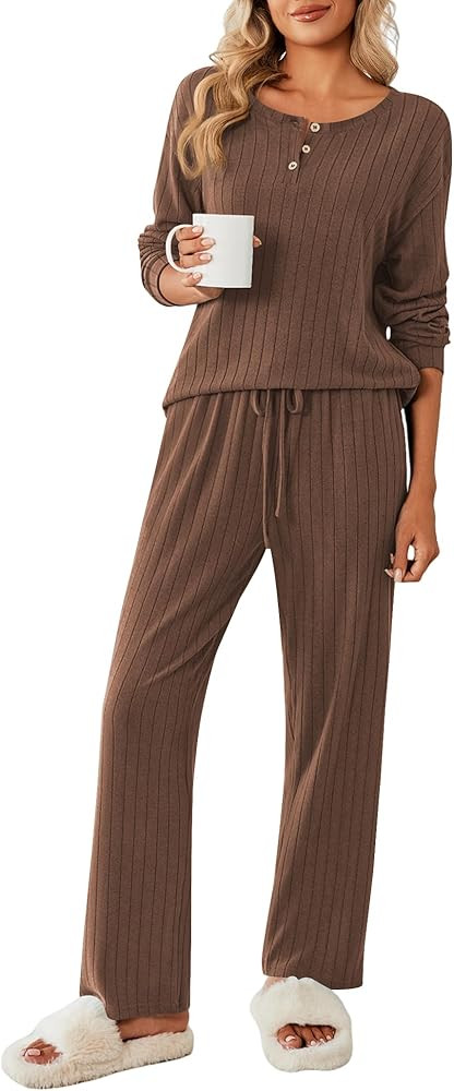 Ekouaer Womens Pajamas Set 2 Piece Lounge Sets Ribbed Knit Button Down Pjs Set Fleece Long Sleeve... | Amazon (US)