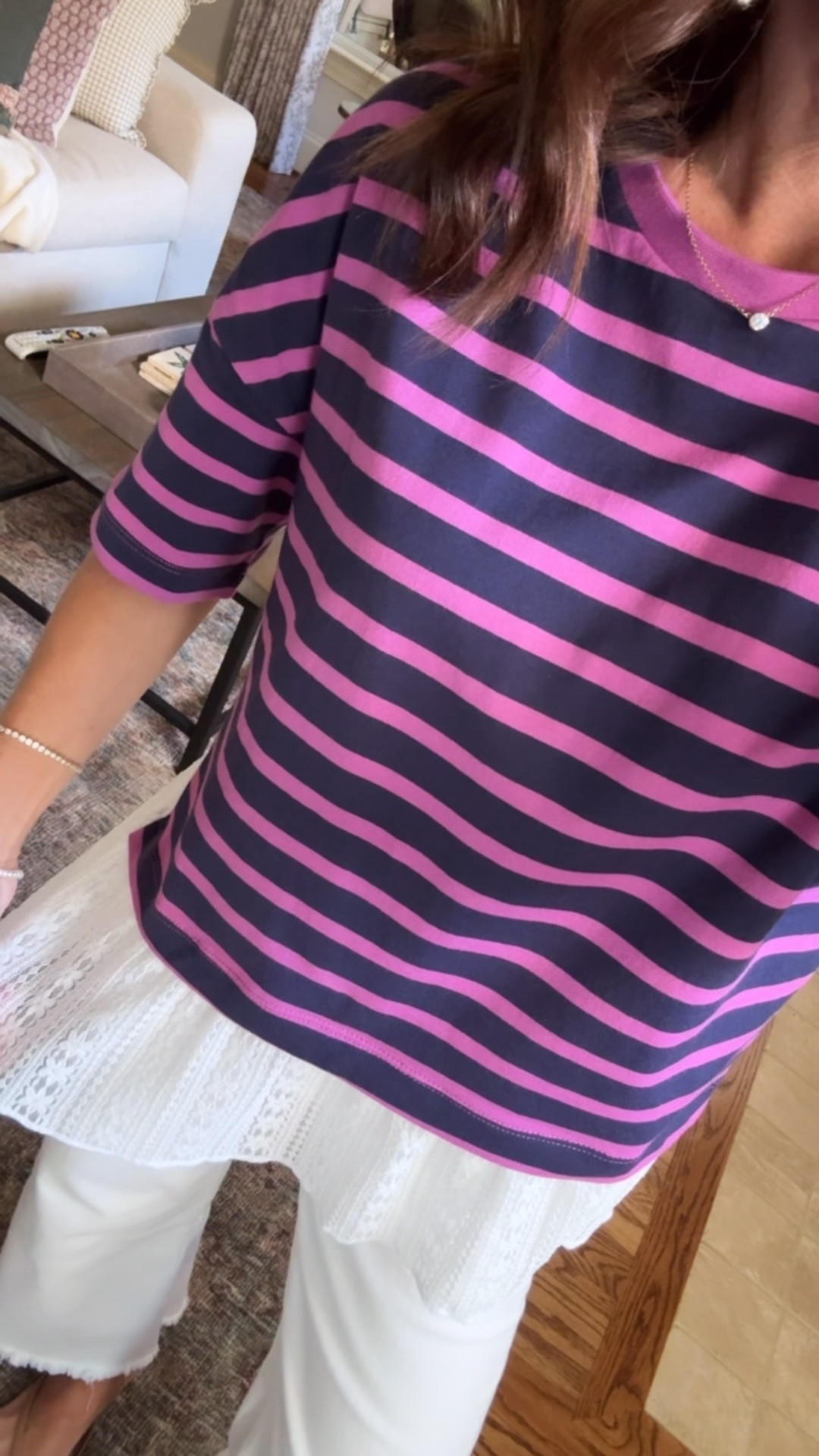 Lace trim twofer tee. Stipe tee. Elevated basics. White denim. 
Tee XS. Jeans TTS, 25. 

#LTKOver40 #LTKSeasonal #LTKootd