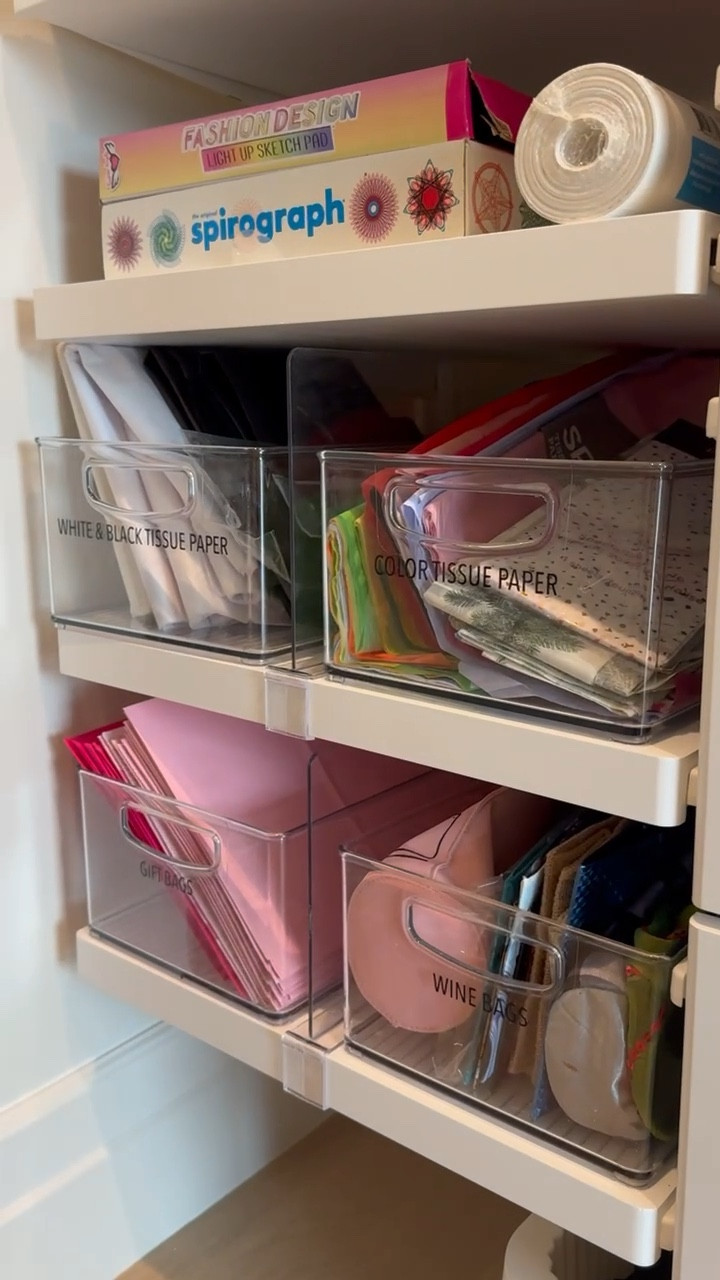 Gift wrap and art project organization! Bins for yarn, tissue paper, gift bags and more. A dreamy art closet at The Radiant Ridge project! 

#LTKVideo #LTKHome #LTKFamily