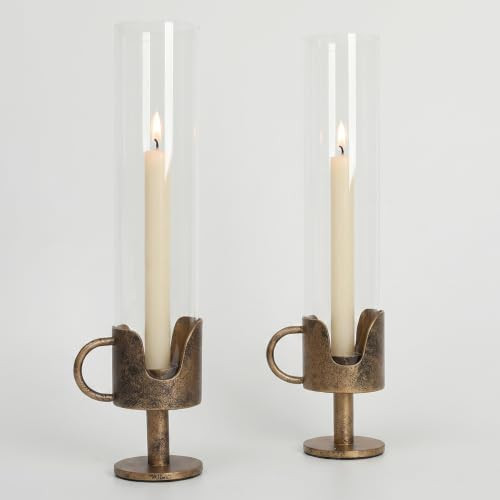 Antique Brass Hurricane Candle Holders with Clear Glass Tube, Set of 2 | Amazon (US)