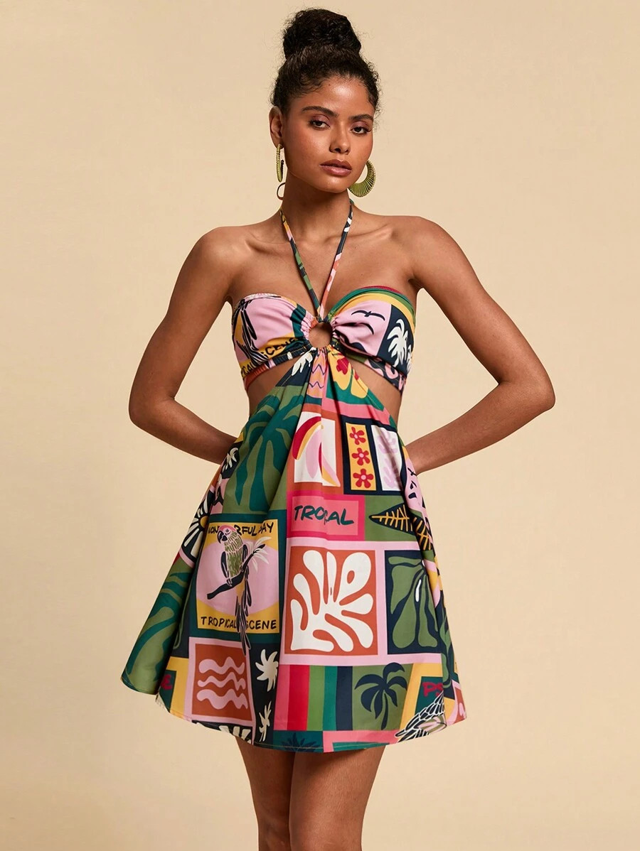 Travachic Women's Halter Neck Tropical Floral Print Beach Holiday Dress | SHEIN