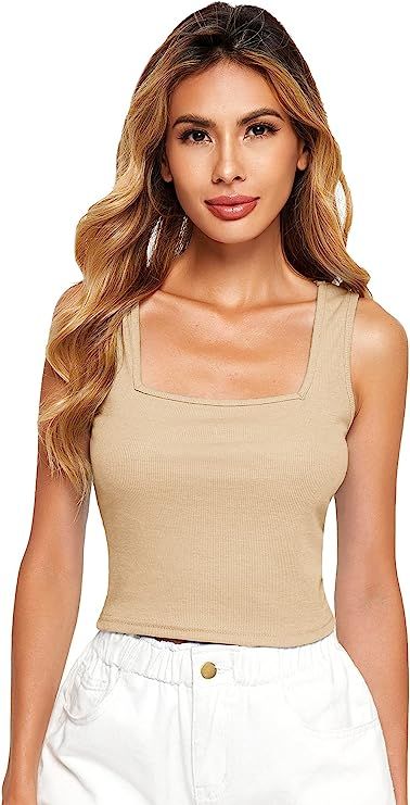 SheIn Women's Sleeveless Strappy Ribbed Knit Basic Plain Crop Tank Top | Amazon (US)