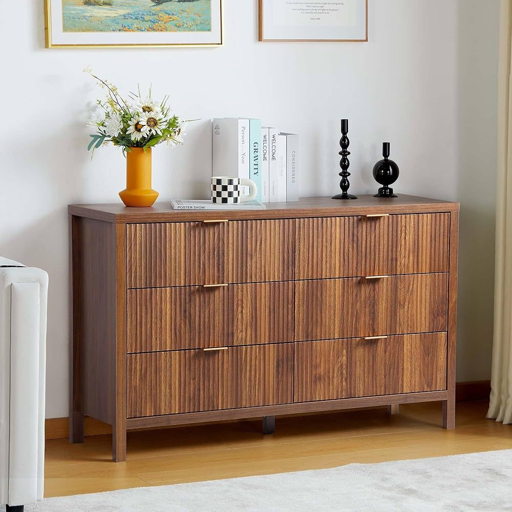 wirrytor 6 Drawer Double Dresser for Bedroom, Modern Closet Dressers Chest of Drawers with Fluted... | Amazon (US)