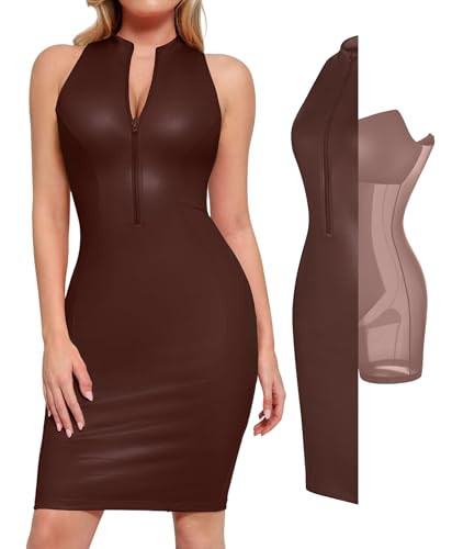 Popilush Shapewear Dress Faux Leather Dresses for Women Mock Neck Dress Night Club Outfits for Women Brown | Amazon (US)