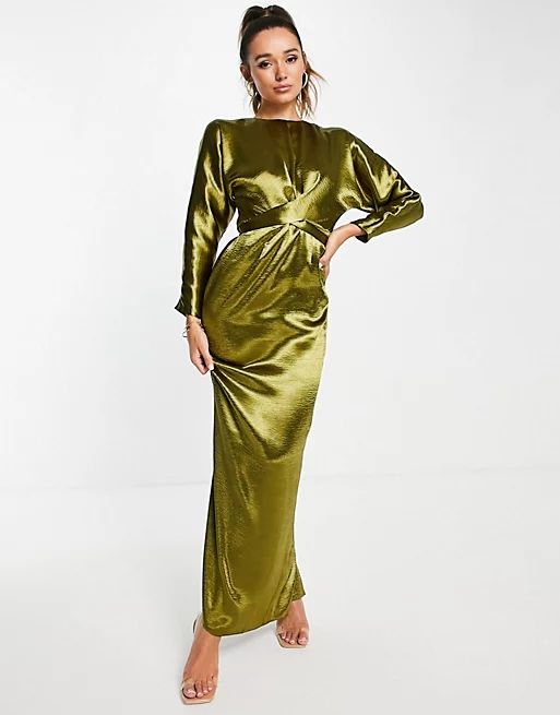 ASOS DESIGN maxi dress with batwing sleeve and wrap waist in satin in olive | ASOS (Global)