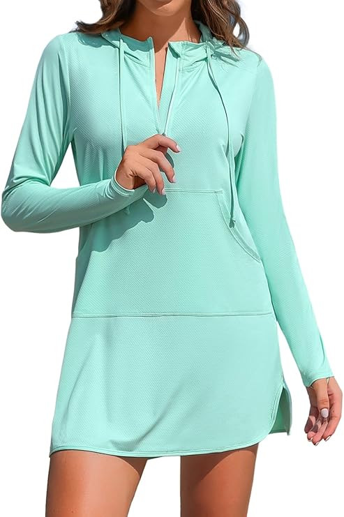 ATTRACO Womens Rash Guard Shirts Hooded Swim Shirts with Pockets Zipper Swimsuit Cover Up | Amazon (US)