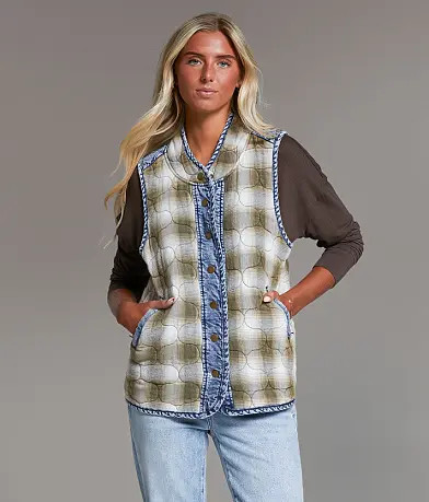 Pieced Plaid Denim Vest | Buckle