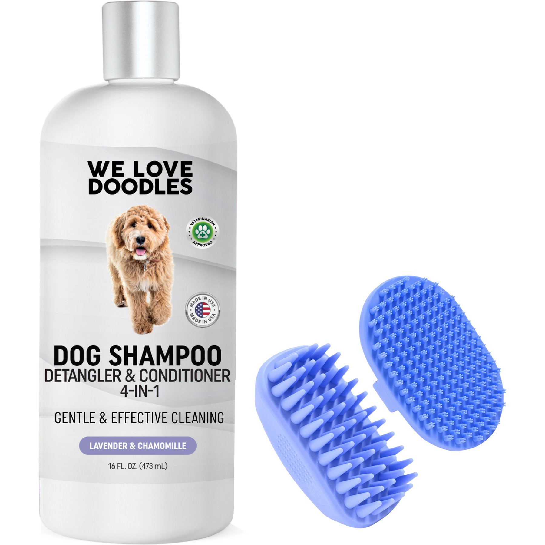 We Love Doodles Dog Grooming Bundle: 4-in-1 Shampoo Lavender Scent, 16-fl oz bottle + 2 Grooming Brushes | Chewy