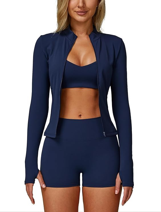 ABOCIW 3 Piece Workout Sets for Women Zipper Long Sleeve Jacket Y Back Sports Bra High Waist Shor... | Amazon (US)