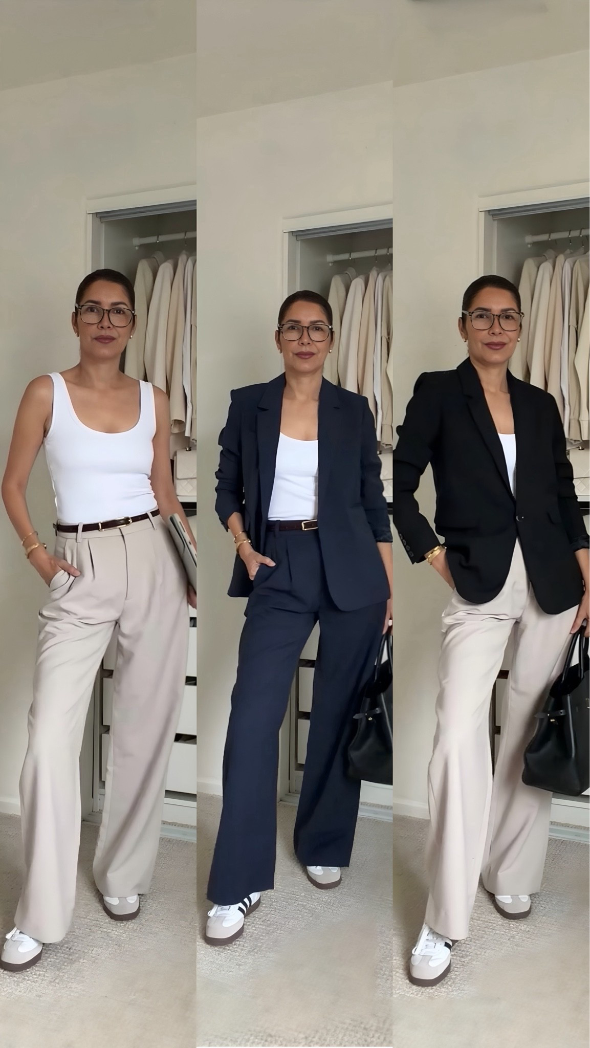 3 OUTFIT IDEAS WITH SNEAKERS 👟 Elevated casual style

Creating these 3 outfits around one of my favorite pairs of Abercrombie trousers. I love the fit and how comfortable they are—I’m wearing size 4 Regular, and I find Abercrombie sizing pretty consistent.

The blazers and built-in bra tank top are also Abercrombie, making these such easy pieces to mix and match for an elevated everyday wardrobe.

I paired all 3 looks with my Adidas Samba sneakers—they fit true to size and are one of my favorite ways to make a polished outfit feel more casual while still looking put together. 🤎

➫ MY BODY MEASUREMENTS FOR YOUR REFERENCE
Bra: 32C (81 cm) | Waist: 26” (66 cm) | Hips: 38” (96.5 cm) | Height: 5’7” (170 cm)

Abercrombie trousers | Abercrombie outfit ideas | Adidas Samba outfits | trousers with sneakers | how to style sneakers | casual chic outfits | elevated casual style | blazer and sneakers outfit | business casual sneakers | comfortable work outfits | fashion over 40 | fashion over 50

#AbercrombieStyle #AdidasSamba #SneakerOutfits #LTKStyle

@abercrombie 
@adidas