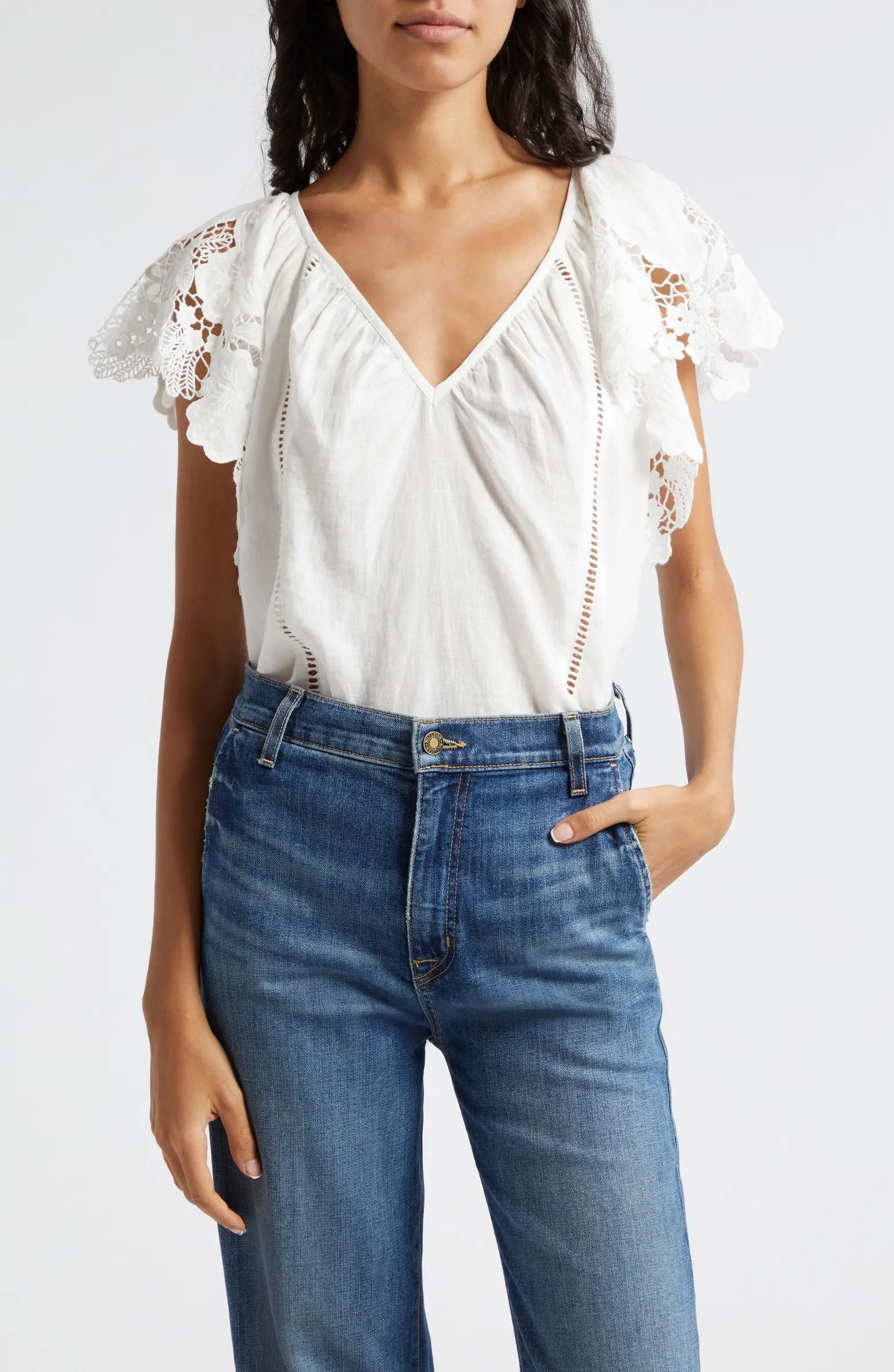 Ramy Brook Hilllary Lace Sleeve Linen Top | Nordstrom | Nordstrom