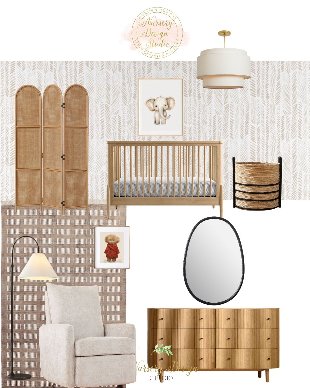Shop Shiloh’s nursery .The natural oak crib, fluted wood dresser, boucle glider, rattan room divider, graphic wallpaper, woven storage, and black accents create a warm, modern neutral nursery with plenty of texture.