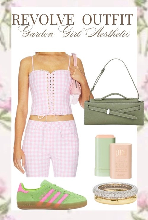 Pink gingham and soft pastels for the ultimate garden girl aesthetic 🌸 This Revolve set gives dreamy cottagecore energy with a lace-up corset top and matching shorts. Styled with green Adidas sneakers, a chic shoulder bag, and delicate gold jewelry for a playful spring outfit perfect for brunch, markets, and sunny days.
revolve outfit, garden girl aesthetic, pink gingham outfit, cottagecore fashion, feminine spring outfit, pastel spring style, adidas gazelle outfit, soft girl aesthetic, countryside chic, romantic summer outfit.


#LTKdayinmylife #LTKootd #LTKgrwm