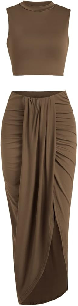 ZAFUL Women's Casual Sleeveless Summer Two Piece Outfits Crop Top and Side Split Draped Ruched Ma... | Amazon (US)