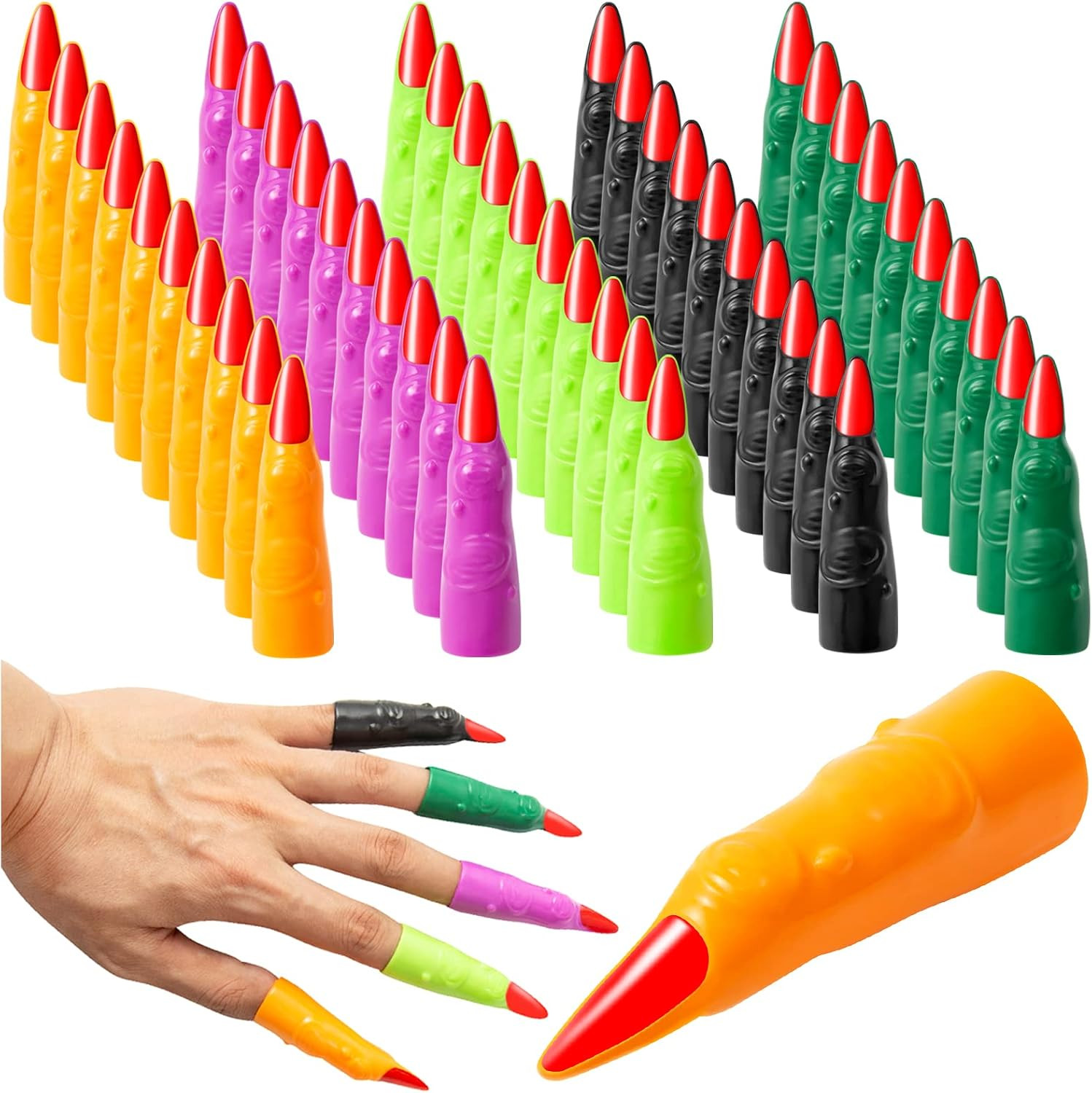Halloween Witch Fingers 50Pcs Colorful Vampire Martian Fingers Spooky Monster Zombie Fake Finger Nails Prank Props Accessory for Halloween Cosplay Costume Party for Kids Reading Pointers, YEAJOIN | Amazon (US)