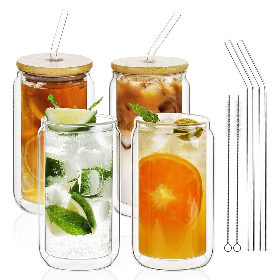 LIBWYS 13.5oz 4pcs Double Wall Glass Cups with Bamboo Lids and Straws - Condensation Resistant In... | Amazon (US)