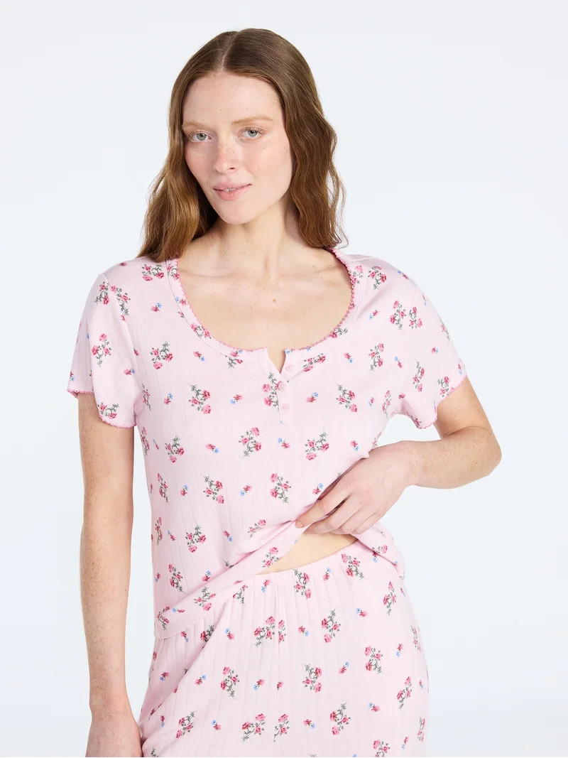 Joyspun Women’s Pointelle Knit Sleepwear Henley Tee with Short Sleeves, Sizes XS-3X | Walmart (US)