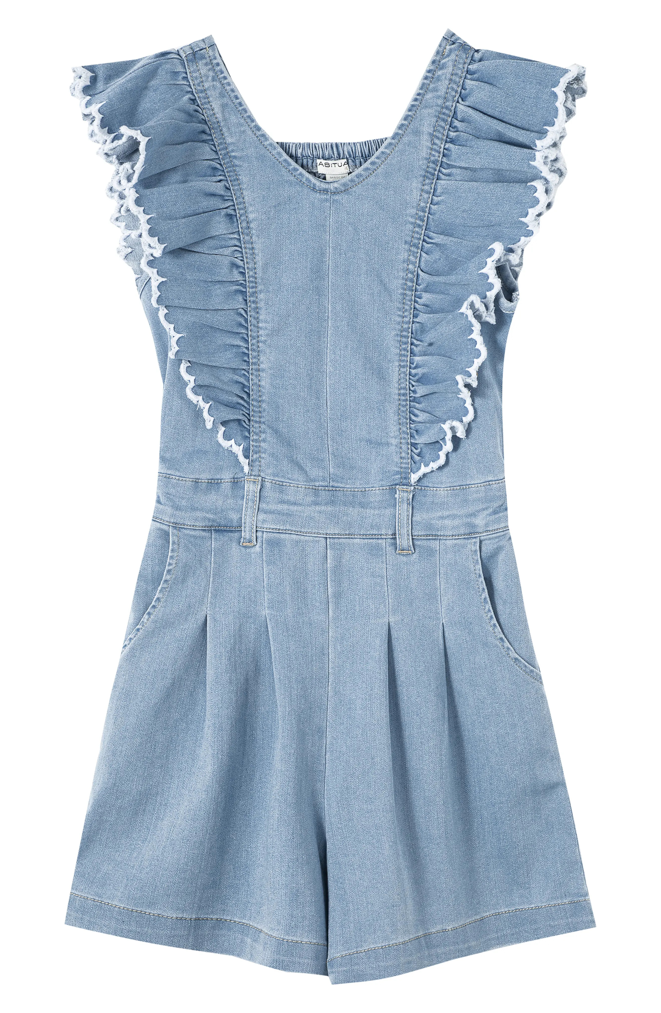 Habitual Girl Kids' Ruffle Denim Romper in Med Stone at Nordstrom, Size 16 | Nordstrom
