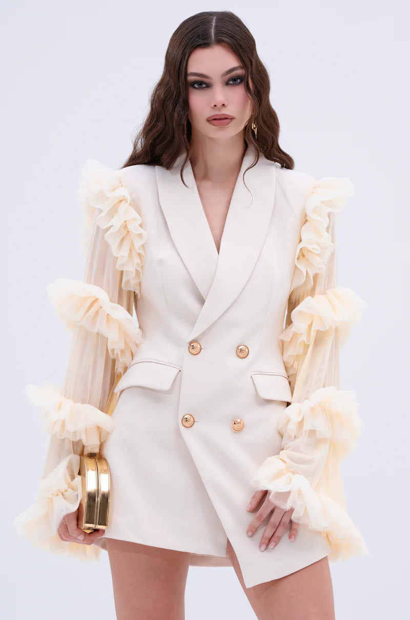 LIVING OVER THE TOP RUFFLE SLEEVE BLAZER MINI DRESS | AKIRA