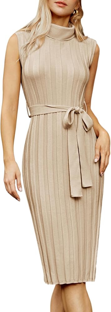 GRACE KARIN Women 2024 Fall Sweater Dress Ribbed Knit Sleeveless Turtleneck Side Slit Bodycon Mid... | Amazon (US)