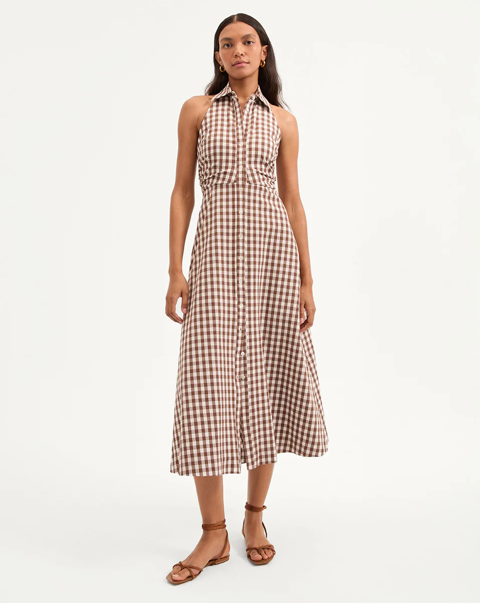 Veronica Beard Mackey Gingham Seersucker Halter Dress Light Chicory Dove | Veronica Beard