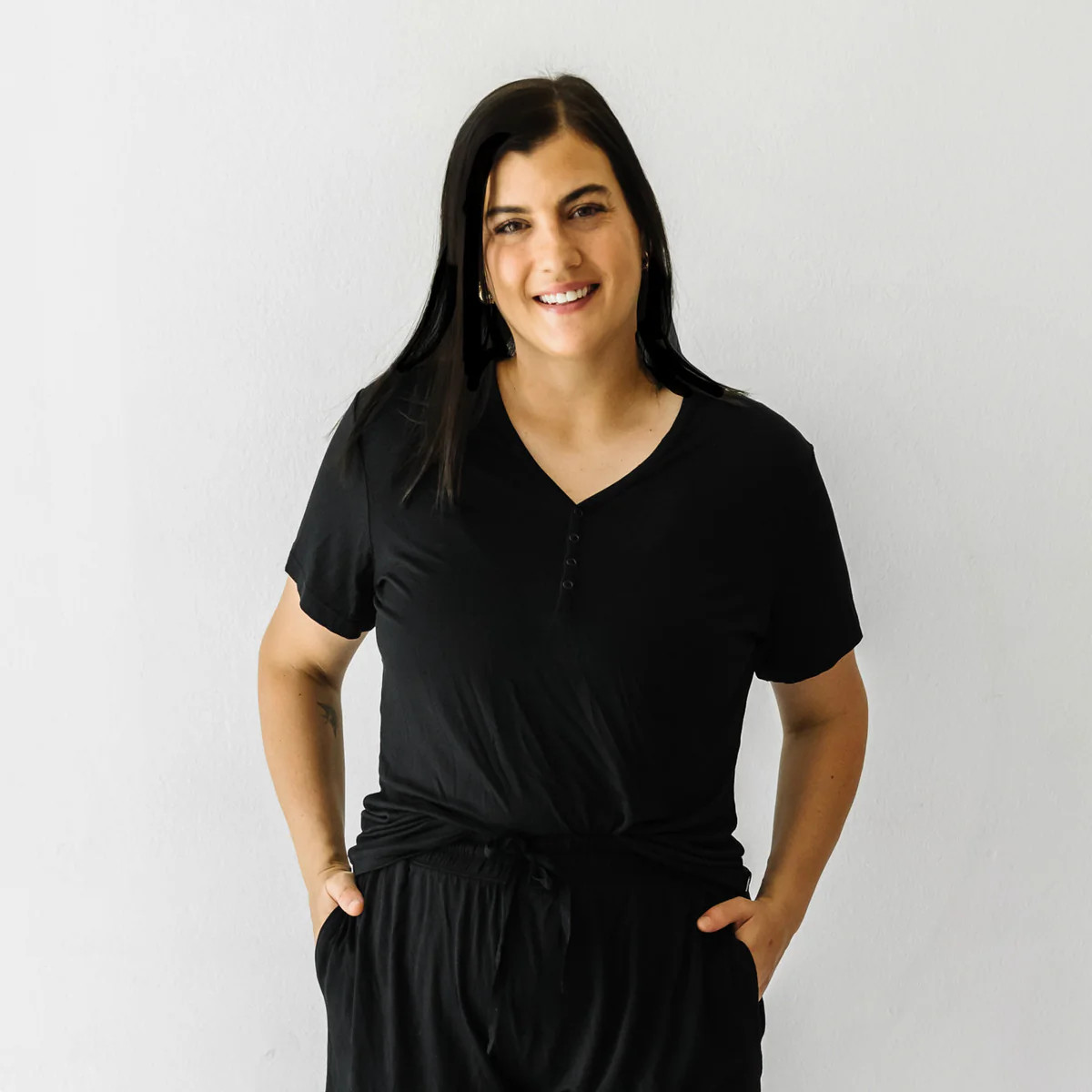 Solid Black Women's Short Sleeve Pajama Top | Little Sleepies