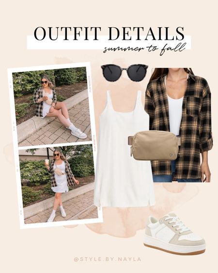 Early fall midsize outfit - white athletic dress (built in bra and shorts), belt bag, plaid shirt, neutral sneakers 

Midsize fashion, summer to fall transition outfit 


#LTKstyletip #LTKshoecrush #LTKmidsize