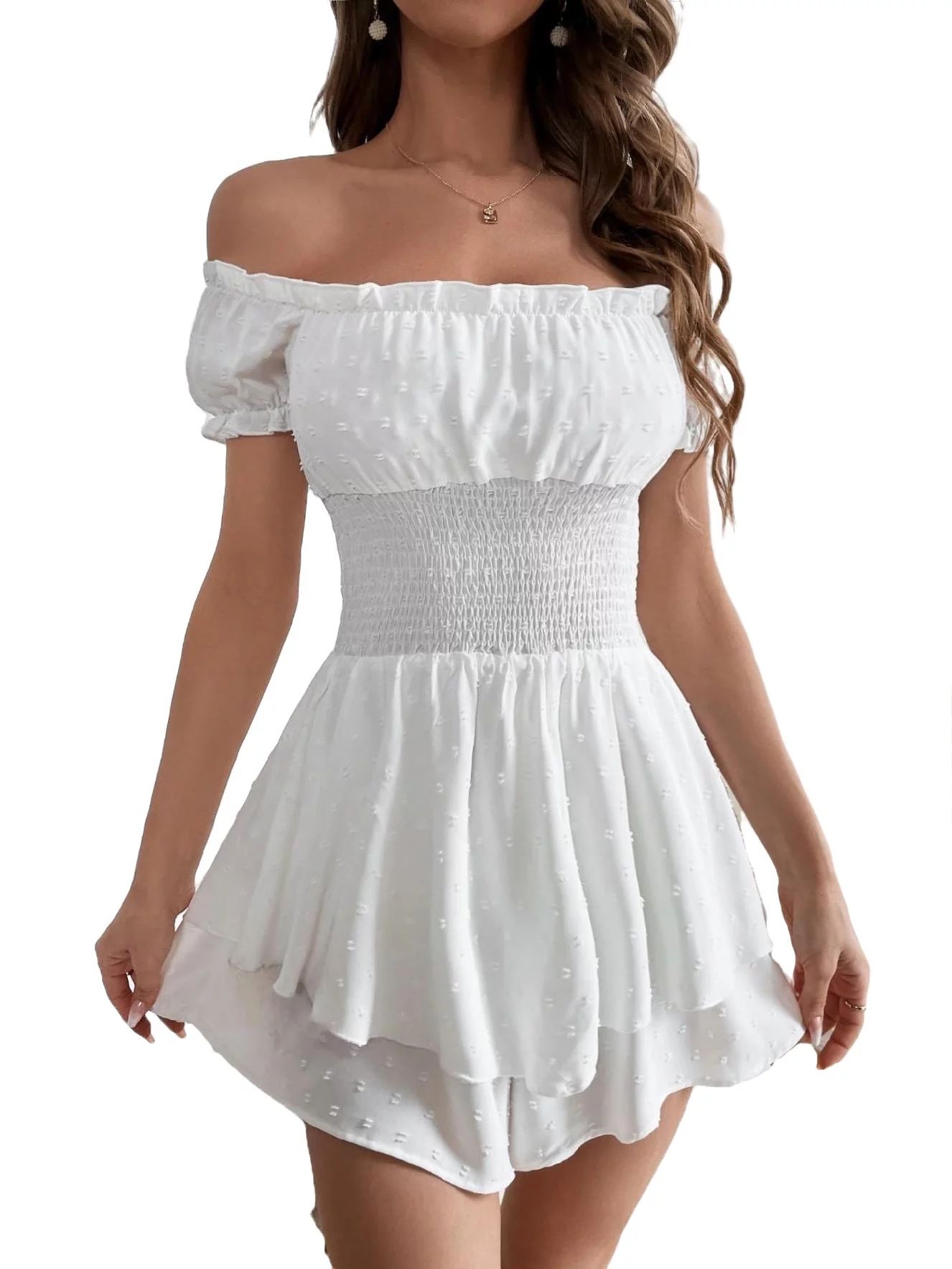 Boho Plain Off the Shoulder Other Short Sleeve White Womens Jumpsuits (Women's Romper) | Walmart (US)