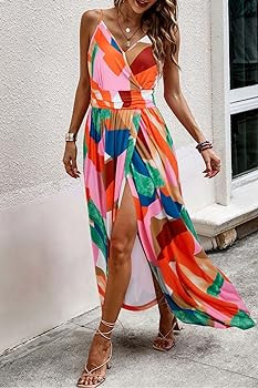 Newshows Women Summer 2025 Maxi Dress Vacation Floral Spaghetti Strap Spring Casual Boho Split Be... | Amazon (US)