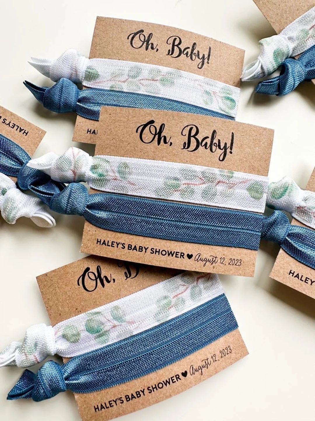 Eucalyptus Baby Shower Hair Tie Favors Oh Baby Boy Baby Shower, Navy Blue Baby Shower Favor, Wood... | Etsy (US)