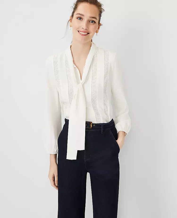 Mixed Media Lace Tie Neck Blouse | Ann Taylor | Ann Taylor (US)