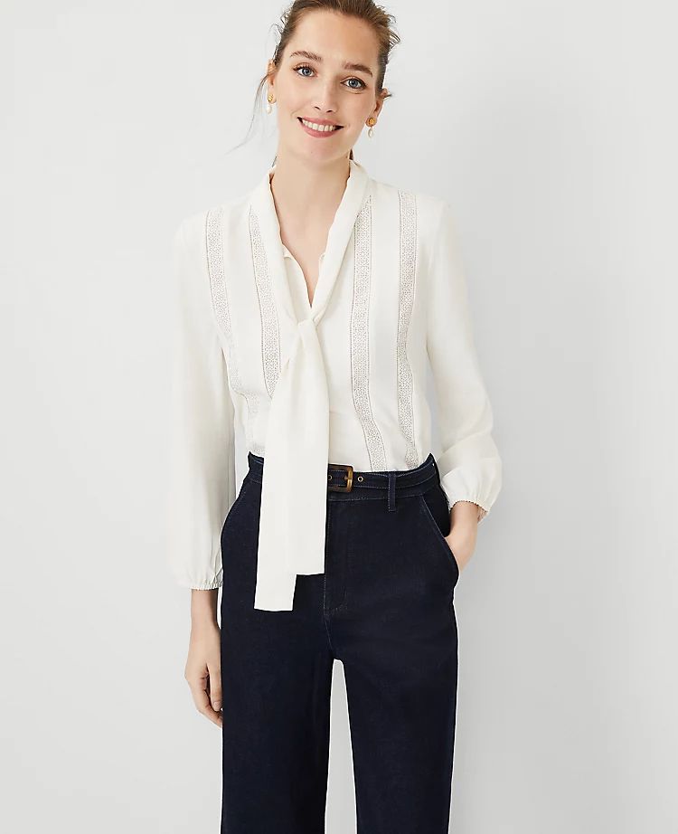 Mixed Media Lace Tie Neck Blouse | Ann Taylor | Ann Taylor (US)