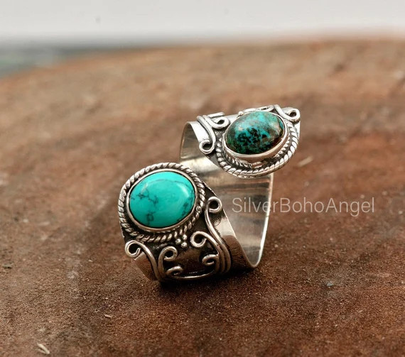 Genuine Turquoise Ringsilver Turquoise Ringdouble Stone - Etsy | Etsy (US)