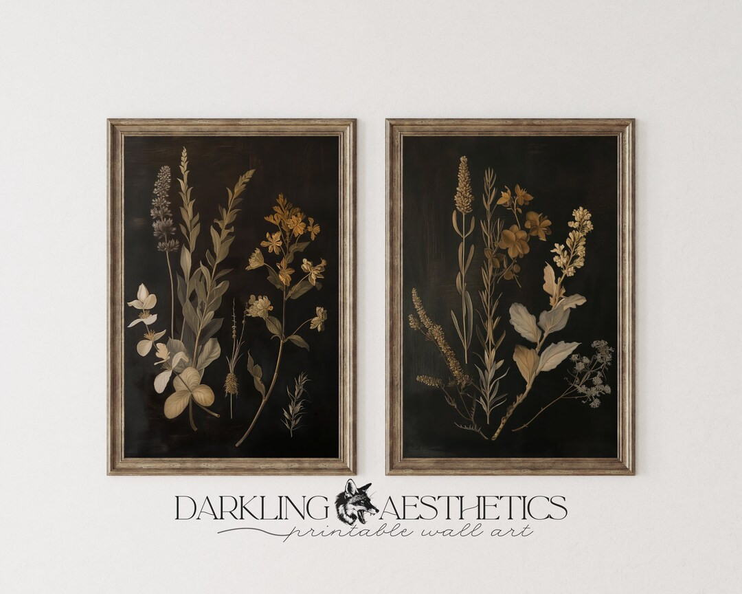 Set of 2 Dark Botanical Prints | Vintage Moody Cottagecore Florals Printable Gallery Wall Art | D... | Etsy (US)