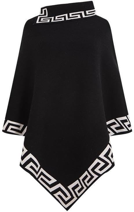 Women's Greek Key Pattern Poncho, High Neck, Asymmetric Hem, Geometric Pattern Knitted Sweater | Amazon (US)