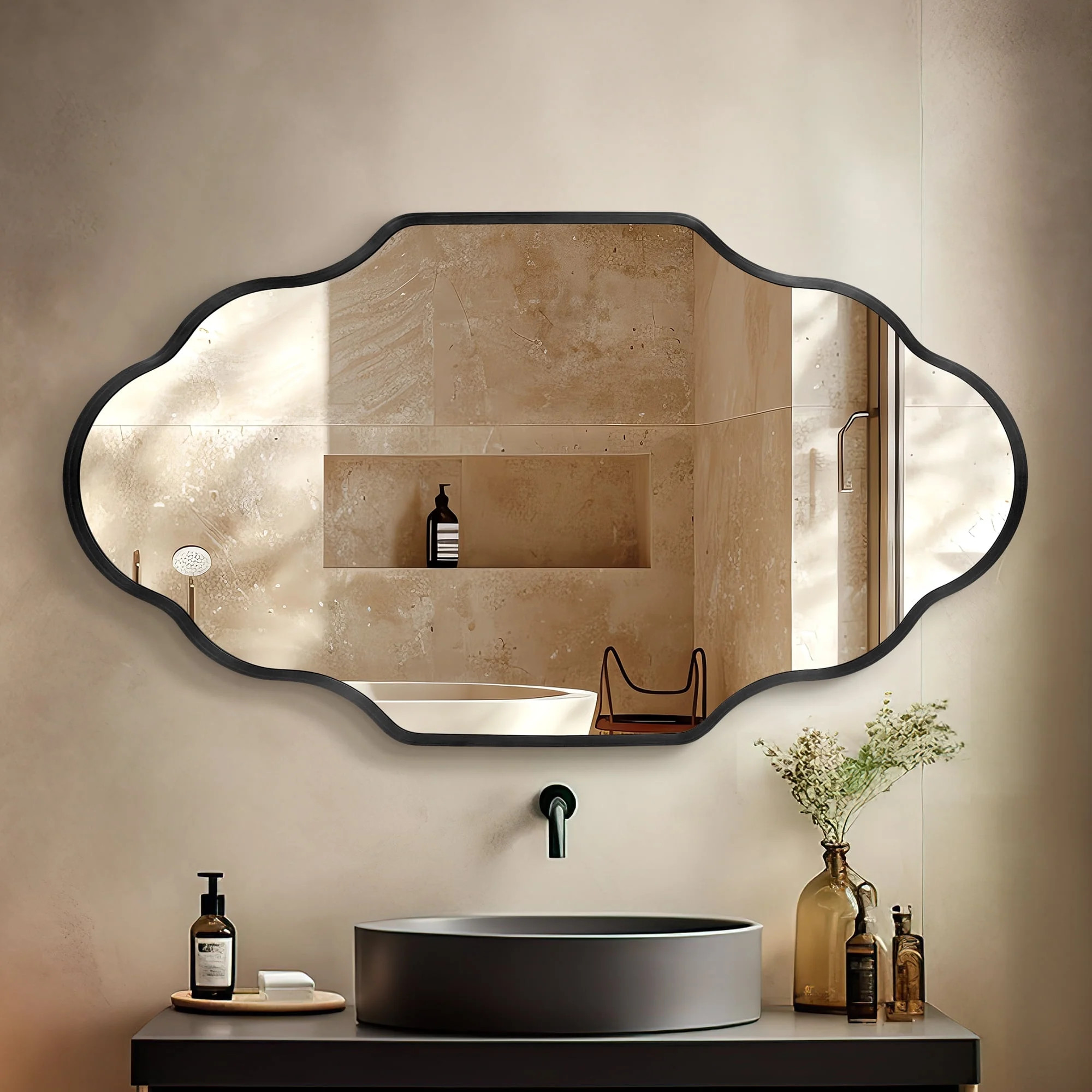 TEWLOSS Black Wall Mirror 46"x26" Scalloped Bathroom Mirrors Metal Frame - Walmart.com | Walmart (US)