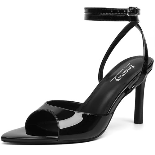 Susanny Strappy Heels for Women Black High Heels Sandals Open Toe Ankle Strap Lace Up Heels Stiletto Sexy Pumps Wedding Guest Party Evening Prom Dance Dress Shoes 9 | Amazon (US)