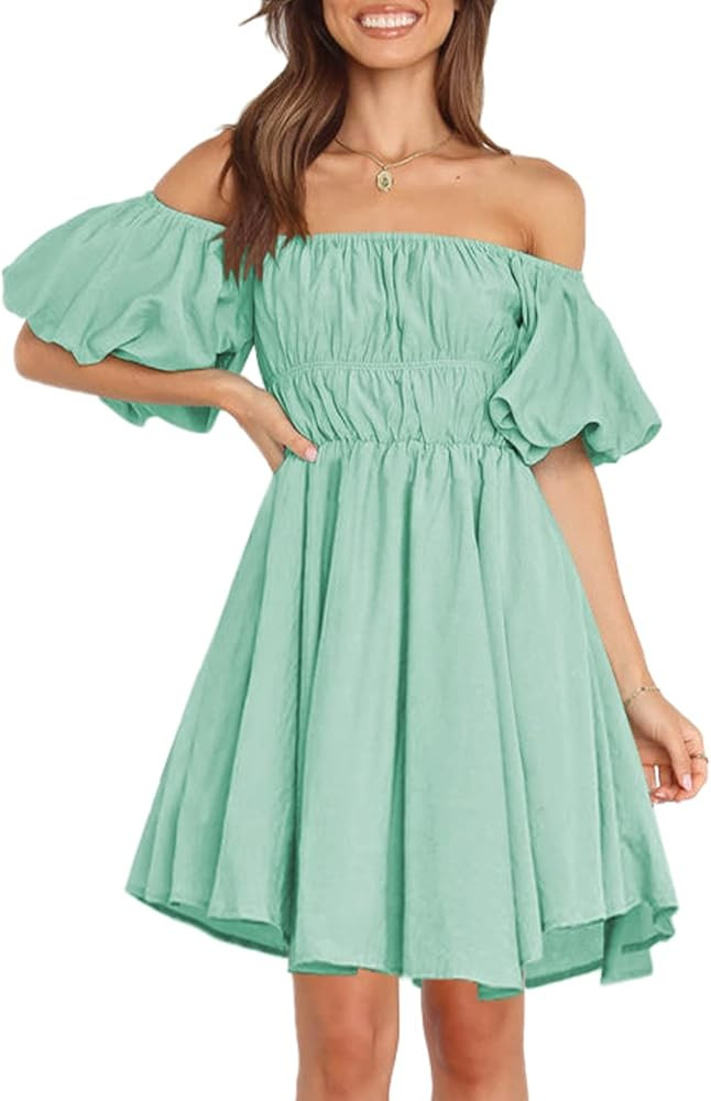 HUUSA Women's Sexy Off Shoulder Short Puff Sleeve Dress Summer High Waist A Line Flowy Swing Ruff... | Amazon (US)