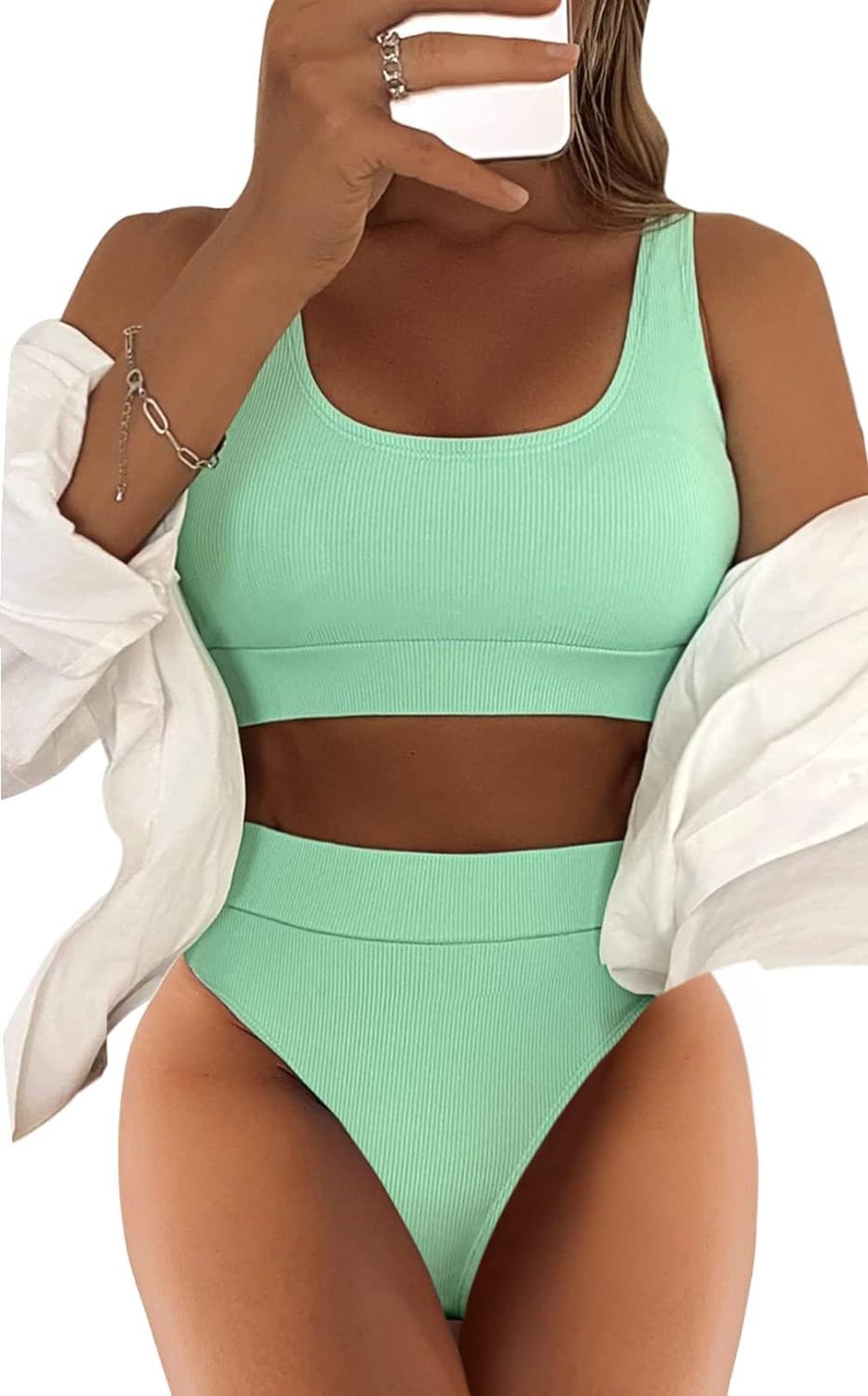 Lilosy High Waisted Tummy Control Ribbed Bikini Crop Top Brazilian Swimsuit Set 2 Piece | Amazon (US)