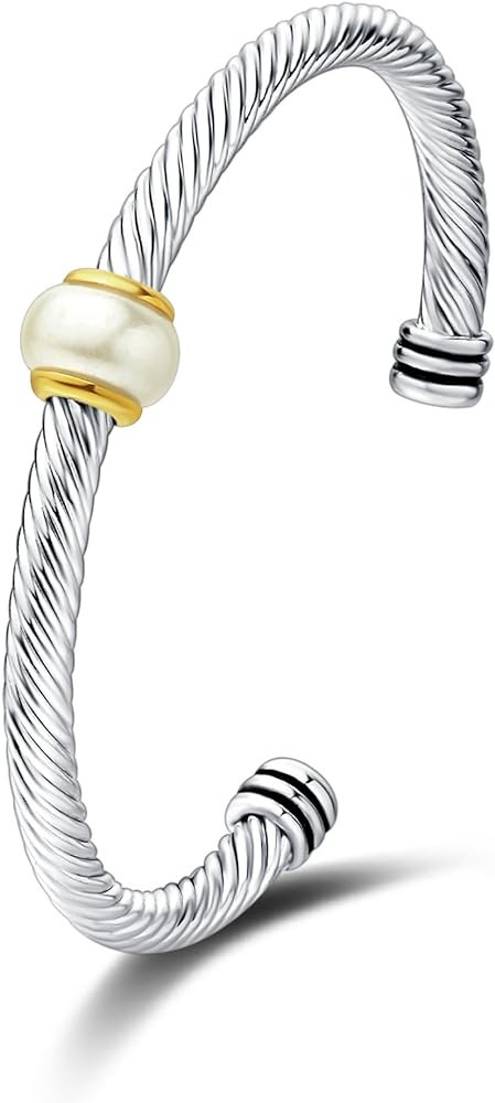 UNY JEWEL Two Tone Twisted Cable Wire Imitation Pearl Open Cuff Bangle Bracelet Women Jewelry Des... | Amazon (US)