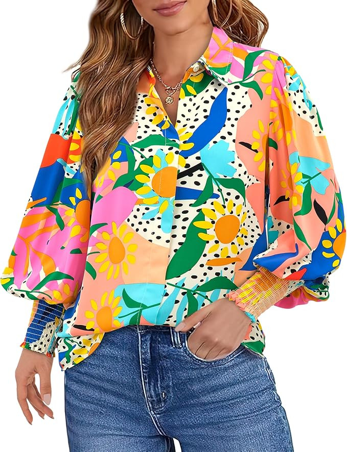 Okiwam Womens Casual V Neck Boho Blouse Long Puff Sleeve Floral Print Chiffon Shirts Colorful Sum... | Amazon (US)