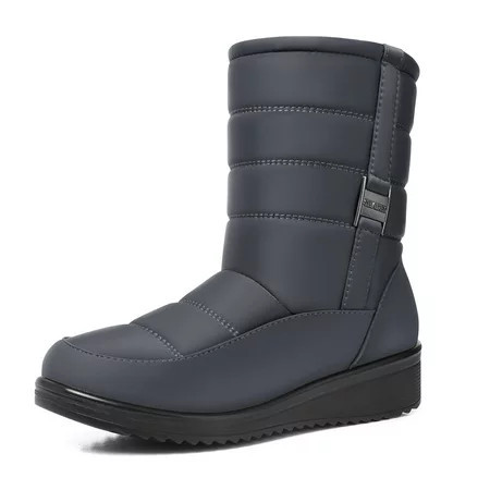 SHIBEVER Winter Snow Boots for Women Warm Faux Fur Lined Waterproof Boot Slip On Zipper Mid-Calf Snow Booties Outdoor Walking Winter Shoes Grey | Walmart (US)