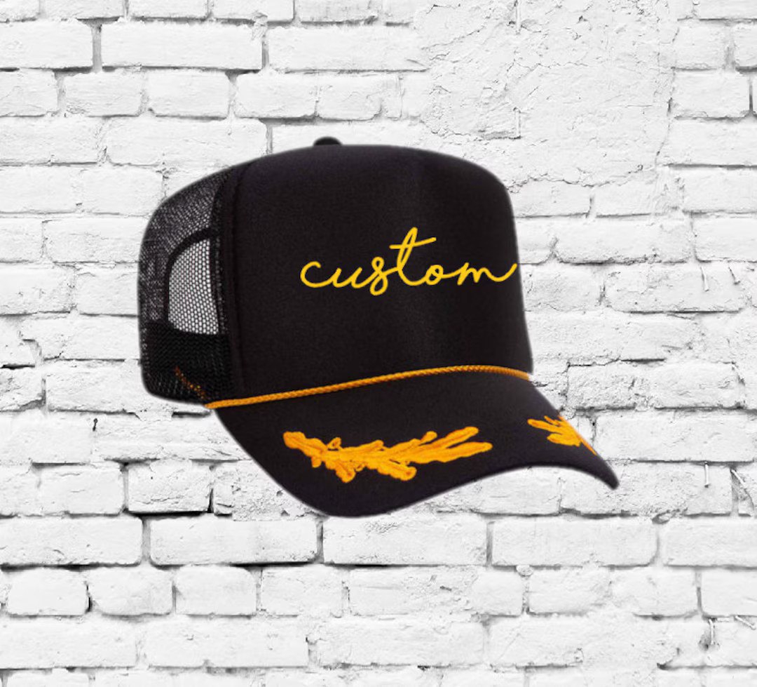 Custom Trucker Hats Nautical Black Gold Captain Hat Yacht Sailor Oak Leaves Customize Personalize... | Etsy (US)