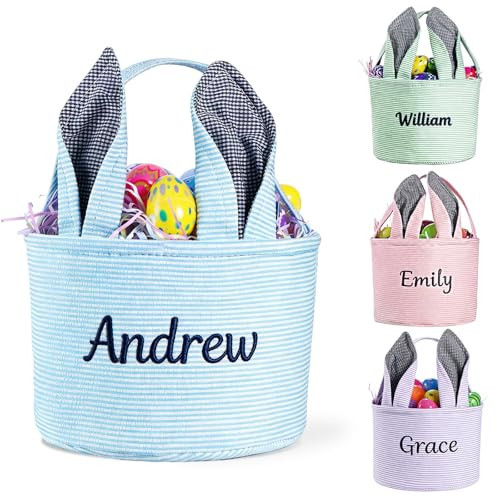 Personalized Easter Basket for Kids, Custom Easter Baskets with Embroidered Name, Bunny Basket for Boys Girls, Fabric Easter Gift Baskets for Egg Hunt & Holiday Gifts (Blue) | Amazon (US)
