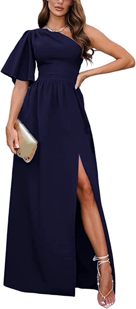 Rooscier Women's One Shoulder Ruffle Short Sleeve Split Side Formal Long Maxi Dress | Amazon (US)